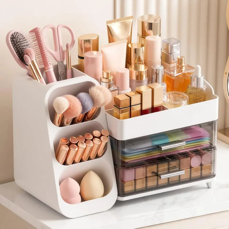 White Thickened Large-Capacity Acrylic Crystal Cosmetic Organizer Box - Vanity Dresser Beauty Organization, Makeup Brush Holder for 12-23 Year-Old Teen Girls, Bathroom Skin Care Perfumes Storage, Drawer