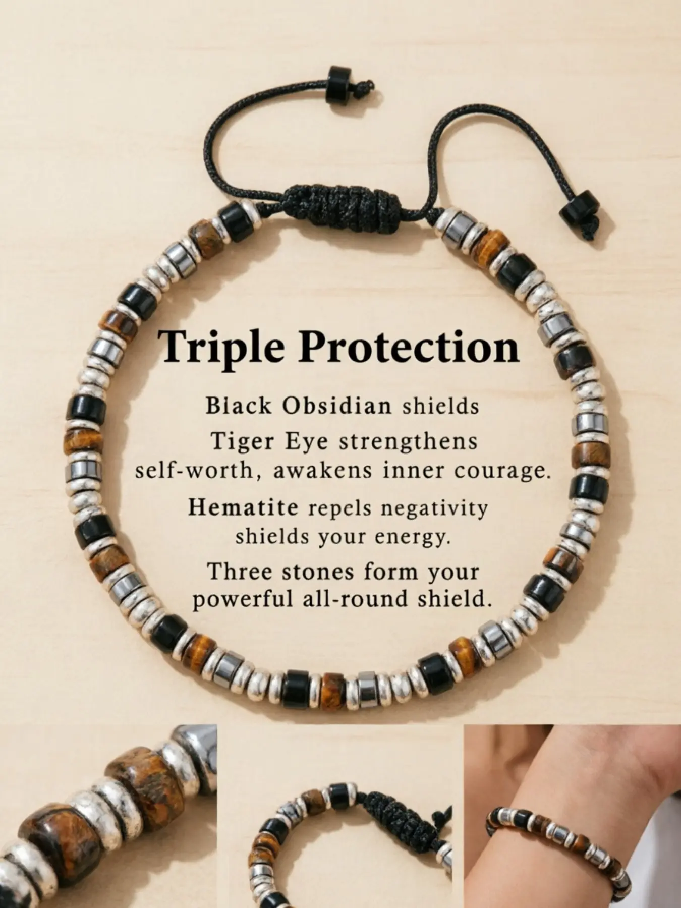 1pcs Three-color Stone Guardian Bracelet, Luxury Vintage Style, Obsidian + Tiger Eye + Hematite, Energy Shield, Unisex, Ideal for Daily Wear & Gifts, Boho Stone Bracelet