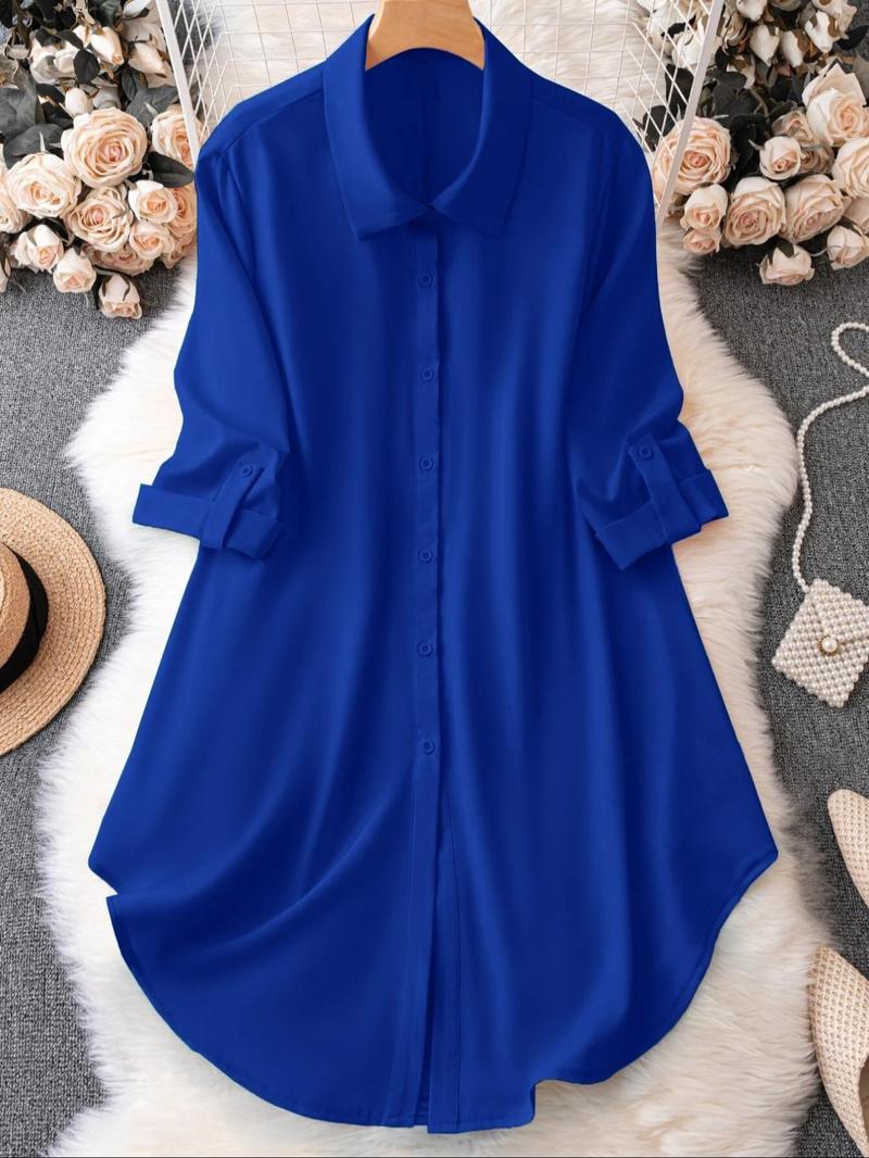 Plus Solid Long Sleeve Button Front Shirt Blouse, Casual Collared Button Up Top for Spring & Fall, Women's Clothes for Daily Wear, National Day Clothing