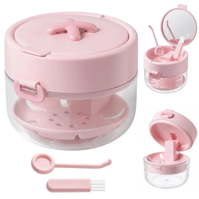 3-in-1 Retainer Care Case with Mirror, RemovableDrain Basket, Portable Aligner Storage Box forInvisalign, Dentures, Mouth Guard, TravelOrthodontic Container with Cleaning Tools