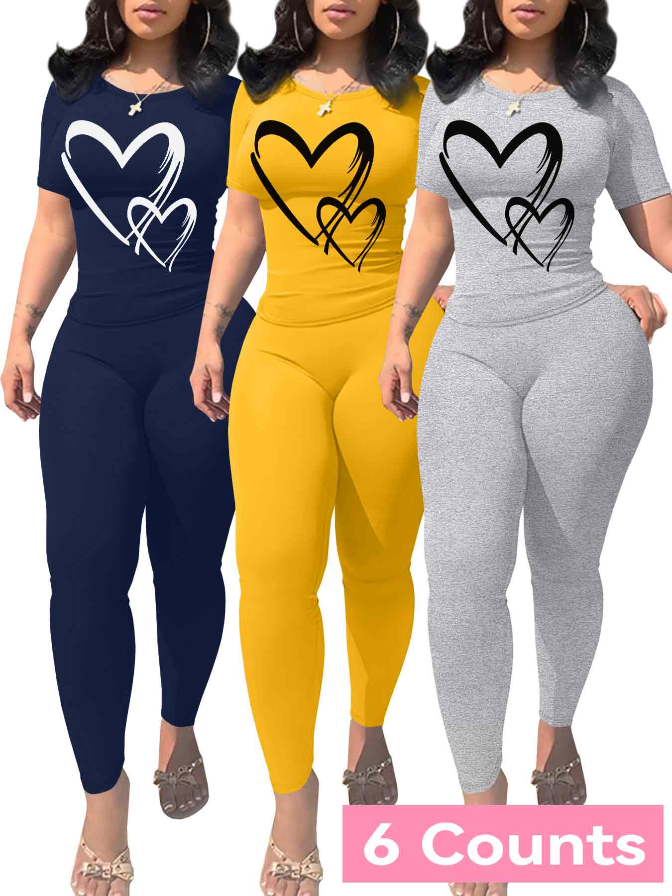 Women's Heart Print Crop Tee & Skinny Pants Set, Casual Short Sleeve T-shirt & Leggings, Ladies Summer Everyday Clothes for Daily Wear, Fit, Womenswear, Polish