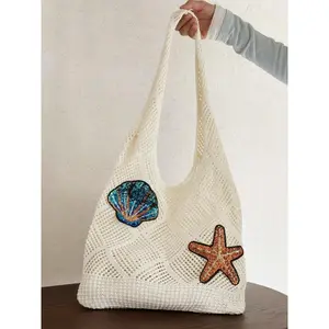 Starfish Shell Decor Knitted Tote Bag Large Capacity Casual Shoulder Bag Beach Vacation Daily Match Handbag