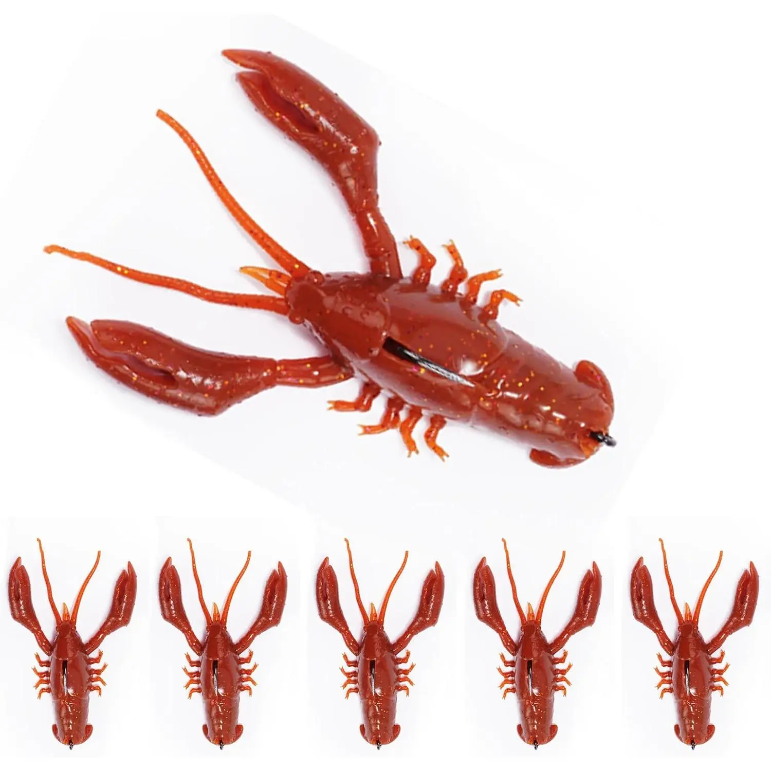 5-Pieces Crawfish Bass Lures, Soft Plastic  with Durable TPE, Lifelike Shrimp Crayfish Swim  for Freshwater and Saltwater, Weedless Fishing Lures 3" 5/8oz