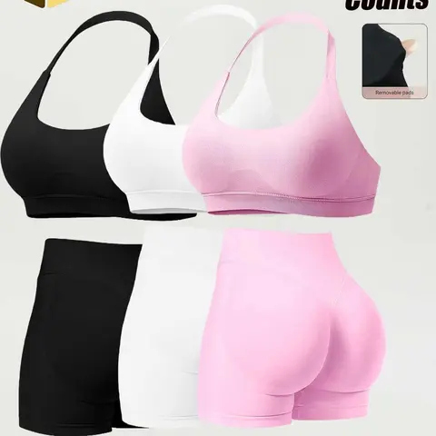 Women's High-Waisted Running Shorts Set, Stretchy Seamless Sports Bra with Removable Pads, Plain Tight-Fit for All Seasons, Fitness Clothing