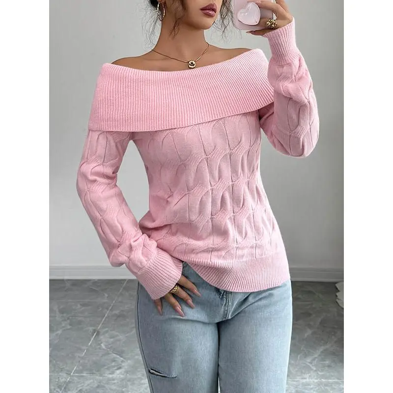 Women’s Off Shoulder Knit Sweater Long Sleeve Solid Color Pullover Top, Cable Knit Foldover Neck Casual Slim Fit Sweater for Spring Autumn Winter, Chic Leisure Fashion Jumper for Daily Wear, Streetwear, Date Night, Holiday Outfit Cozy Casual Top