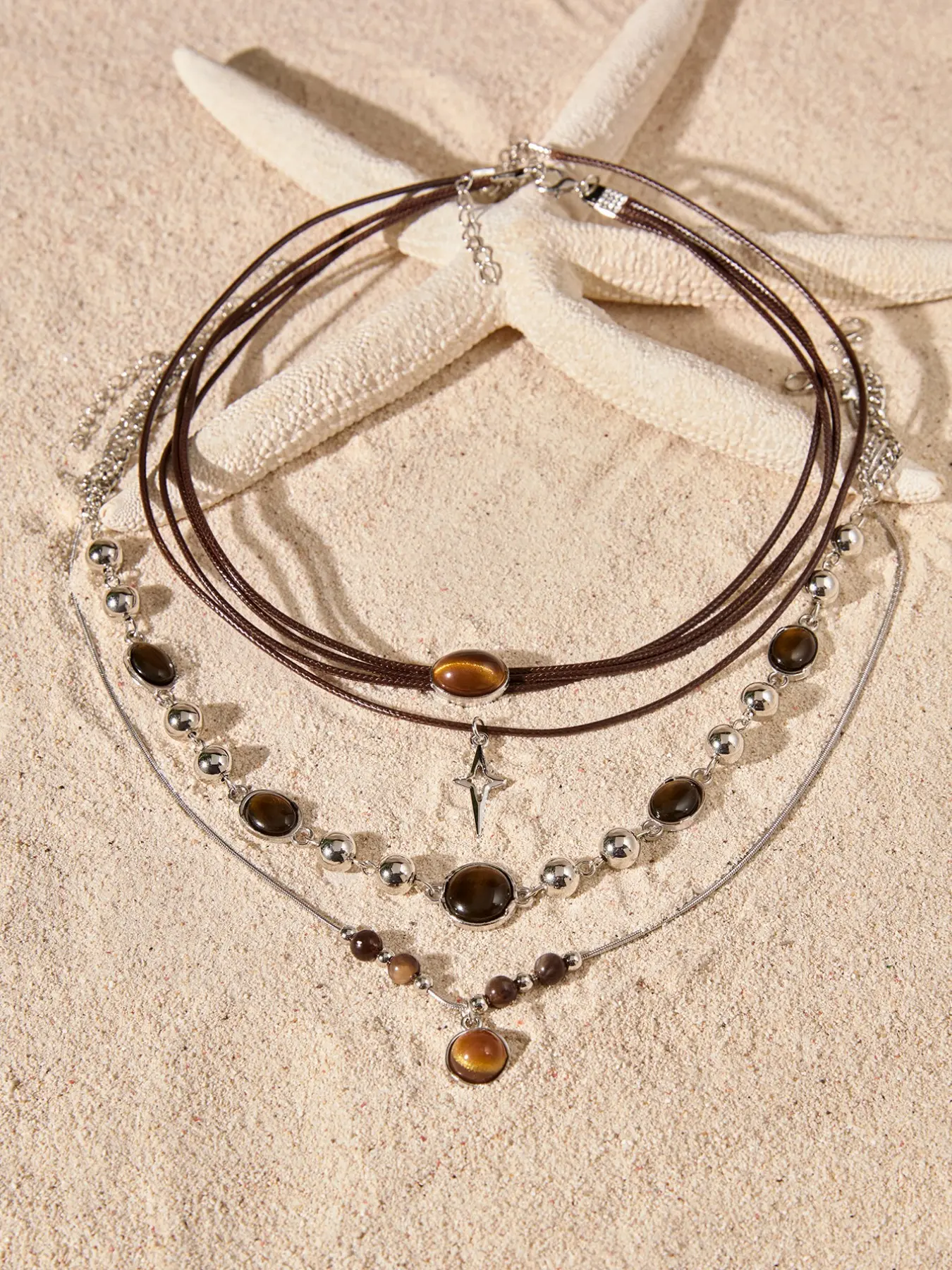 4 pcs Tropiscape Vintage Leather Brown Stone Pendant Necklace Stacking Choker Temperament Clavicle Chain For Women Girl Necklace Cottagecore, Summer Outfit, Elegant Necklace