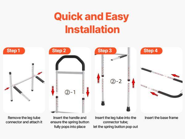 Bed Rail for Elderly, Bedside Assist Rails with Supporting Leg and PU Handrail, Adjustable Height Carbon Steel Pipe Bedside Cane, Bed Bars for Seniors & Patients, Fits King, Queen, Full, Twin