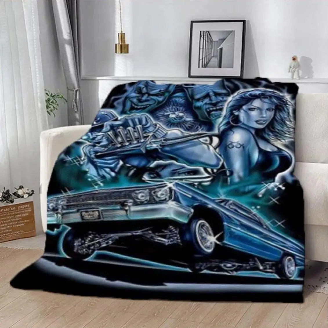 Chicano Culture Low‑Profile Car Illustration Throw Blanket, Soft Warm Cozy All‑Season Fabric, Multi‑Use for Sofa Bed Office Camping, Cool Themed Home Decor