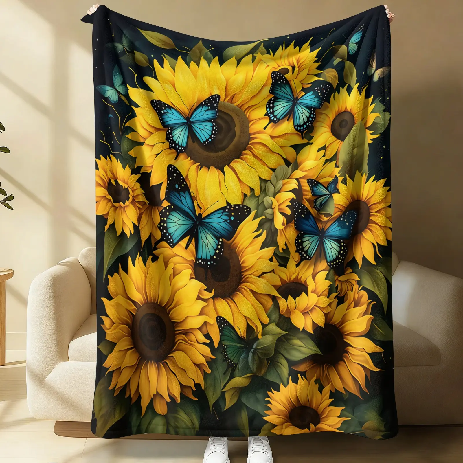 Sunflower & Blue Butterfly Blanket, Boho Floral Flannel Blanket, Nature Botanical Throw Blanket, Soft Cozy Warm Blanket, Decor Gift Blanket for Girls Bedroom, Couch, Bed Sofa, Dorm & Farmhouse Decor