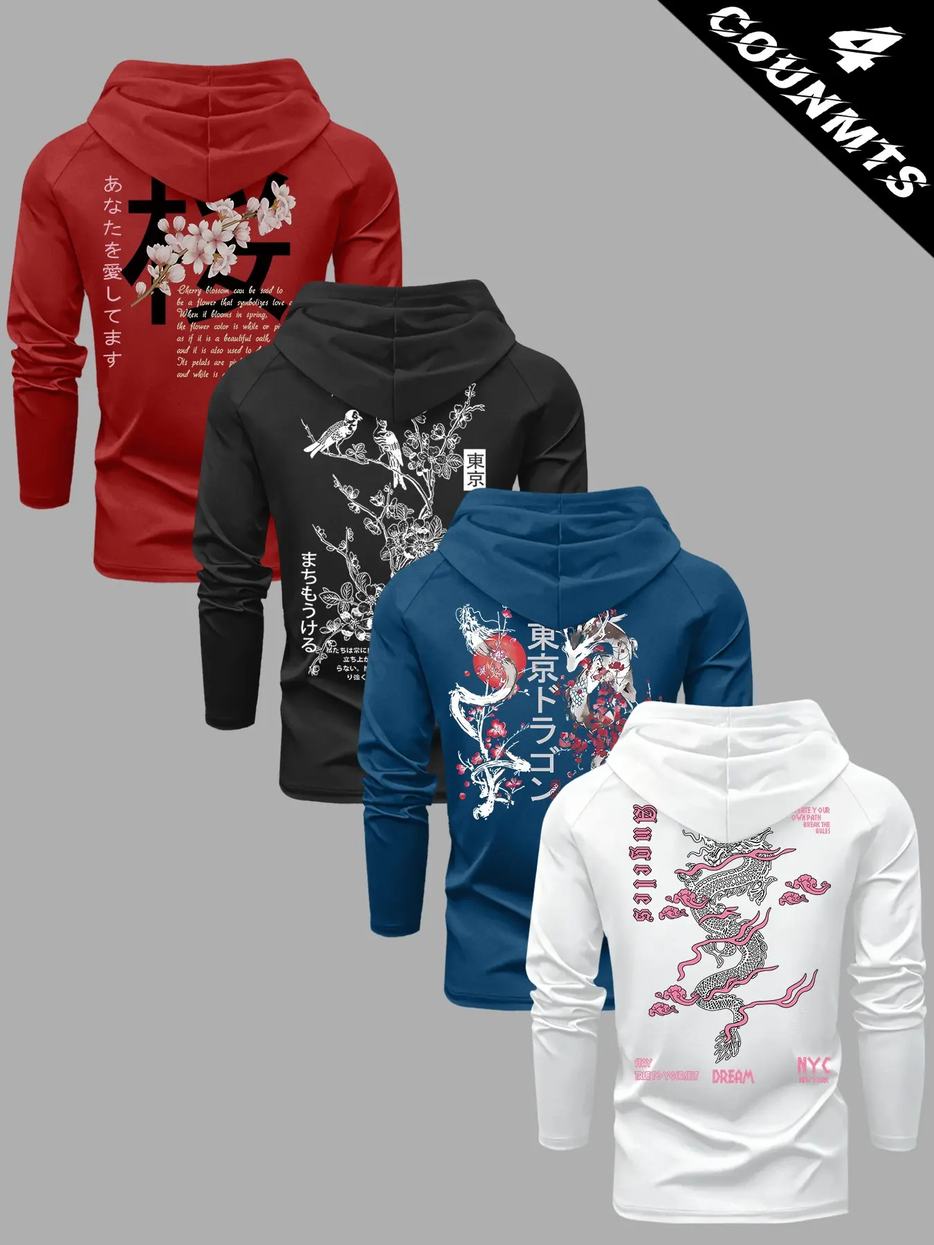4 Counts Men’s Japanese Sakura Dragon Kanji Art Graphic Hooded Long Sleeve Pullover, Retro Harajuku Oriental Streetwear Viral Hot Search, Soft Stretch Quick Dry Breathable Knit Fabric, Drawstring Hood Design