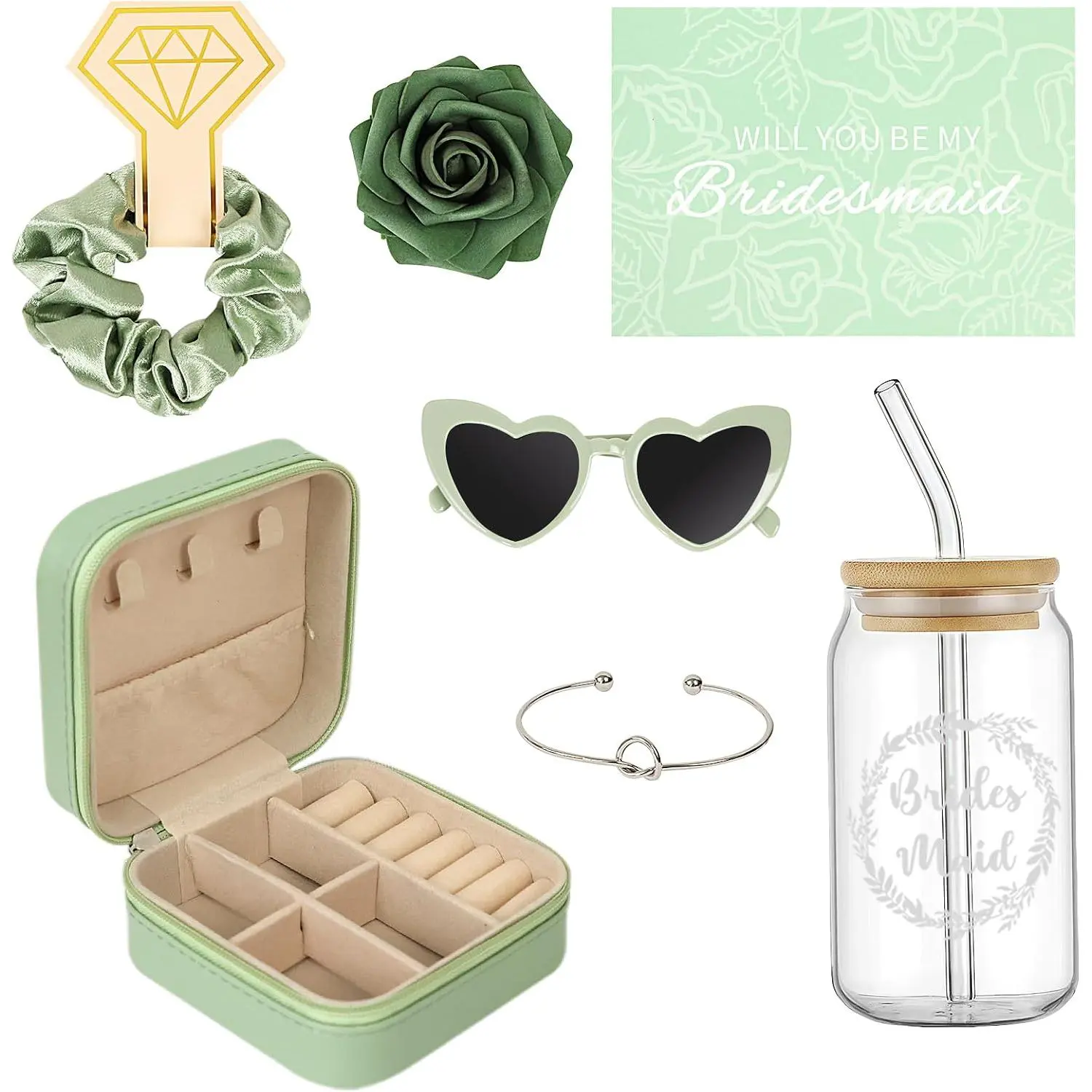 Bridesmaid Proposal Gifts Set 6 - Will You Be My Bridesmaid Kit with Elegant Box  Box Glass Cup Invited Cards Knotted Bracelets Sunglasses Scrunchies Raffia Grass