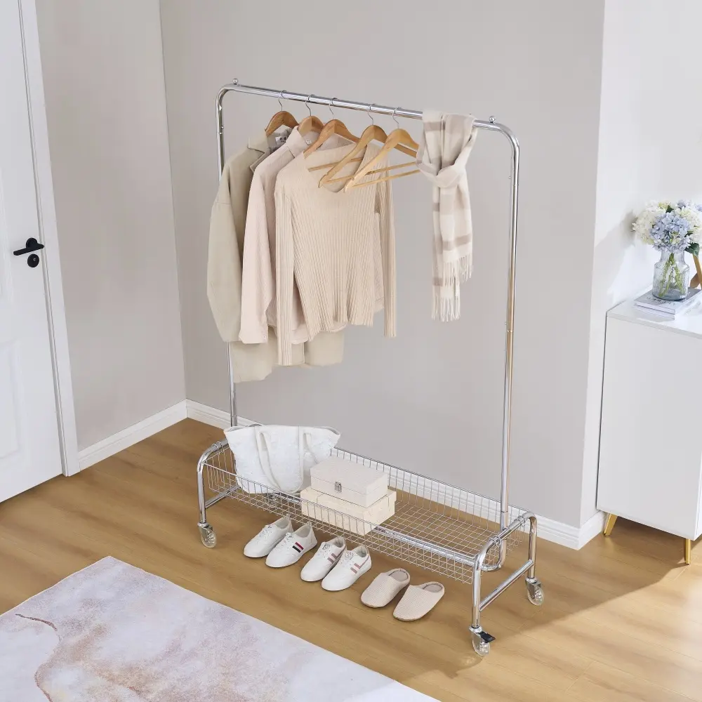 Littleox Garment Rack with Basket on Wheels Rolling Clothes Rack for Hanging Clothes Heavy Duty Garment Rack,2 pcs in one carton