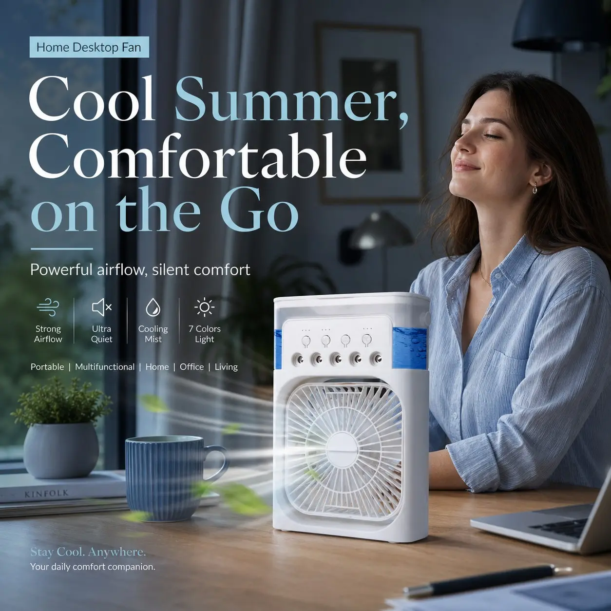 Portable Strong Cooling Mist Fan, 23cm X 16cm, Multi-Functional, LED Color Control, 3 Speeds, Timer, USB Powered, Office Home Use