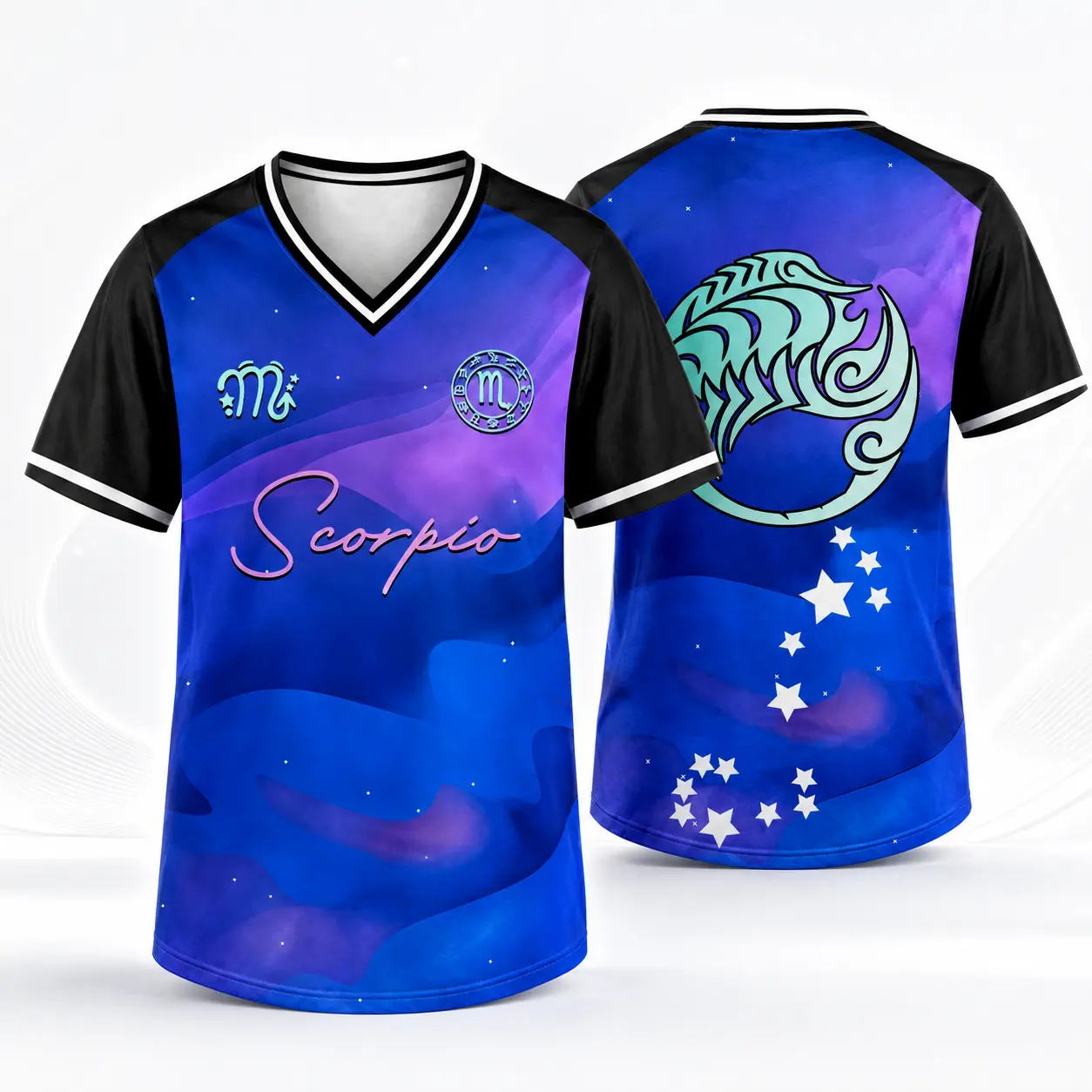 Zodiac Constellation Graphic V-Neck Jersey Shirt for Men Women, Unisex Blue Purple Galaxy Short Sleeve Polyester Fabric Top with Front Sign Name & Back Symbol Printed Design, Lightweight Breathable Astrology Style for Daily Wear, Parties, Weekend,,pyramid