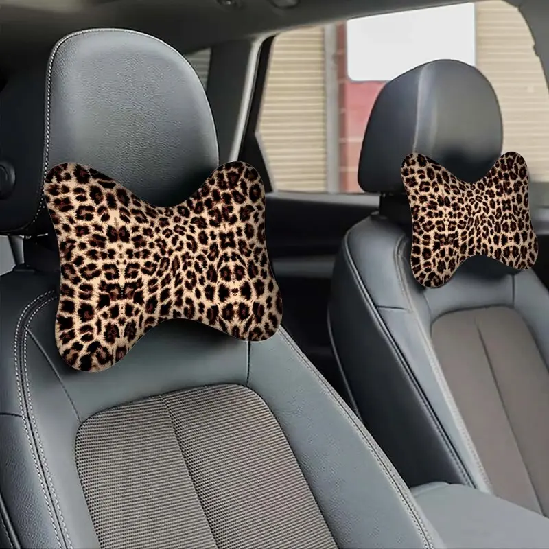 Two Leopard Print Fashionable Printed Car Headrests • Breathable Fabric • Adjustable Neck Support • Breathable Neck Cushion • Driving Comfort • Suitable for Car Seats, Driving, and Travel • Car Accessories