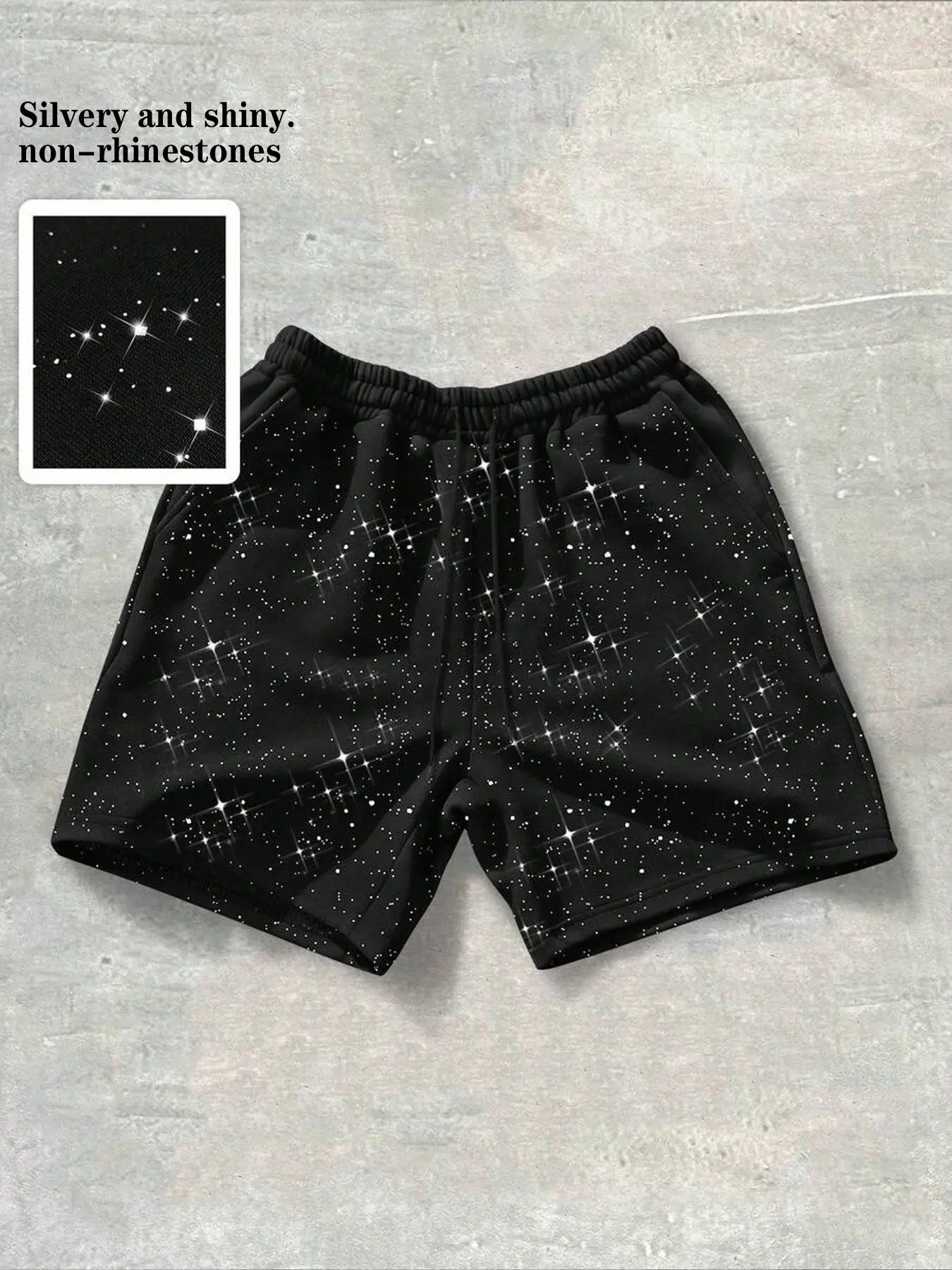 Shiny silver men's shorts heavy streetwear street fashion brand Gypsophila glitter casual fashion shorts for men and women, glitter printed men's shorts sweatpants elastic drawstring waist loose three-quarter pants street fashion