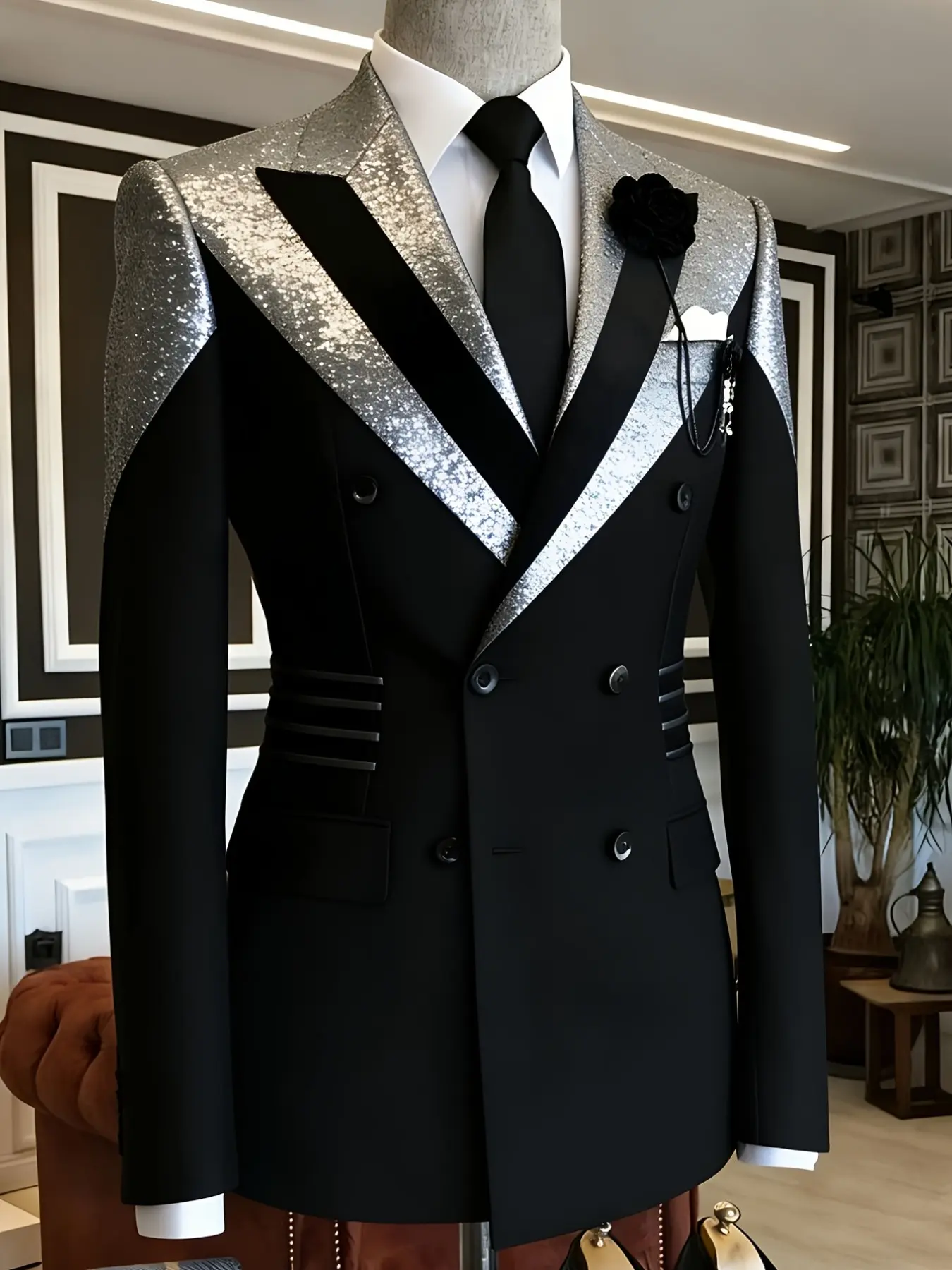 Men's Silver Color Sequin Patchwork Blazer Jacket, Double-Breasted Peak-Lapel Design, Casual Fitted Style for All Seasons