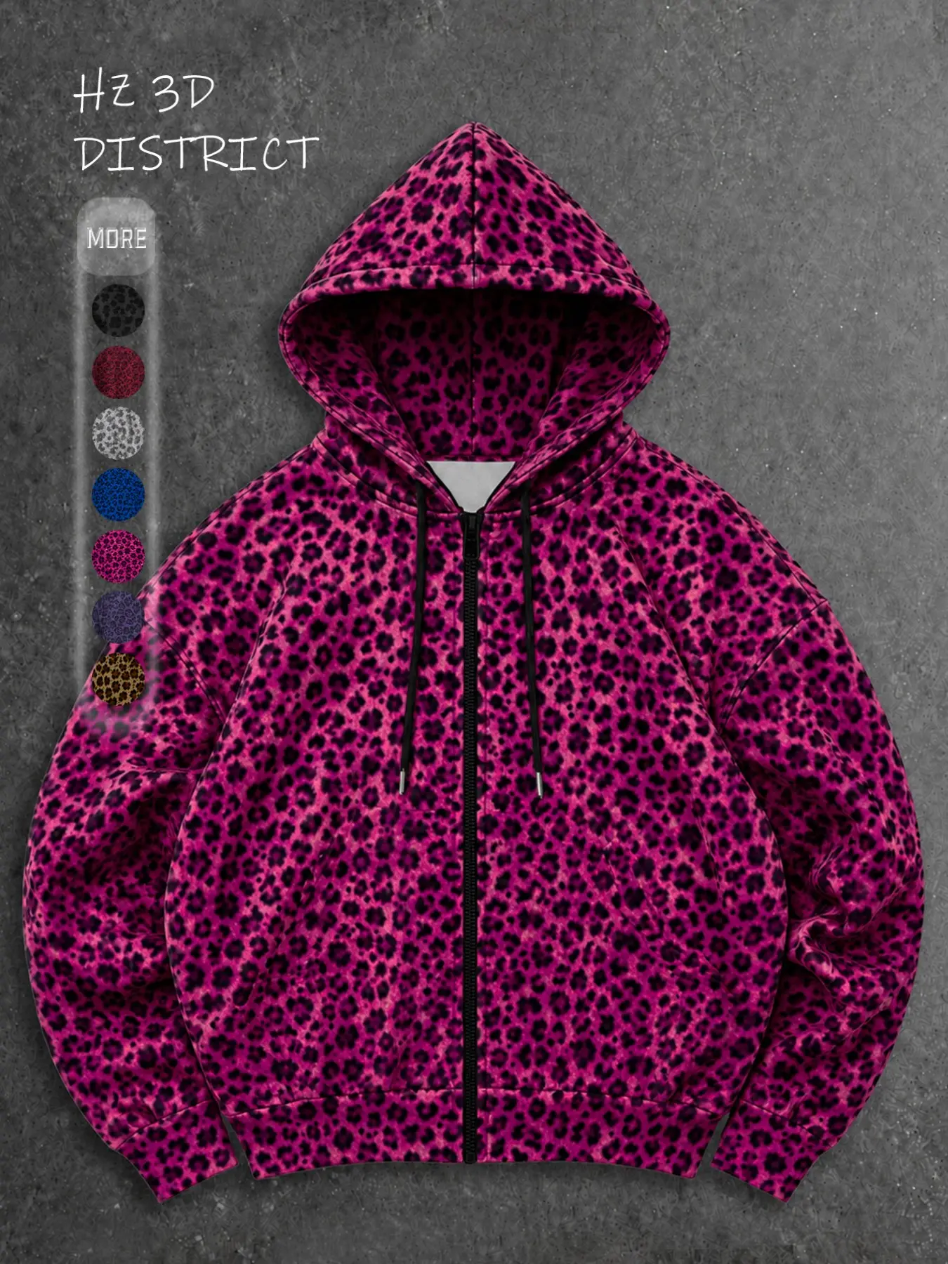 HZ 3D DISTRICT Y2K Vintage Style Streetwear Leopard Print Hooded Zipper Sweatshirt, Loose-Fit Oversized Long Sleeve Casual Top, Unisex Retro Style