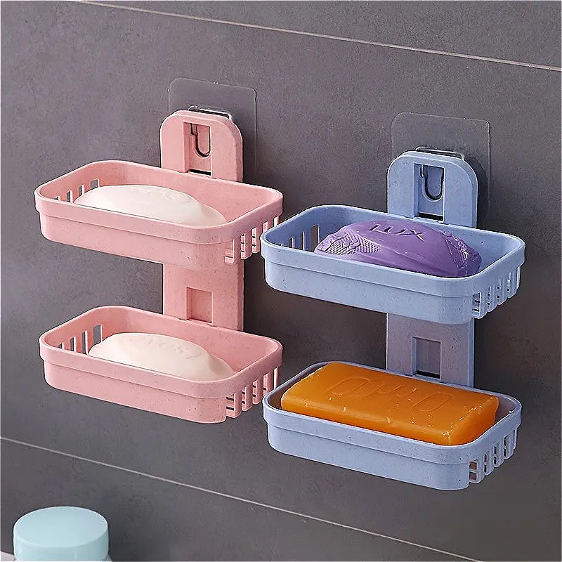 Beige-Pink Wall-Mount Rectangle Soap Dish Set, Durable Compact Bathroom Storage Organizer, Portable Removable Double-Layer Home Bathroom Supply
