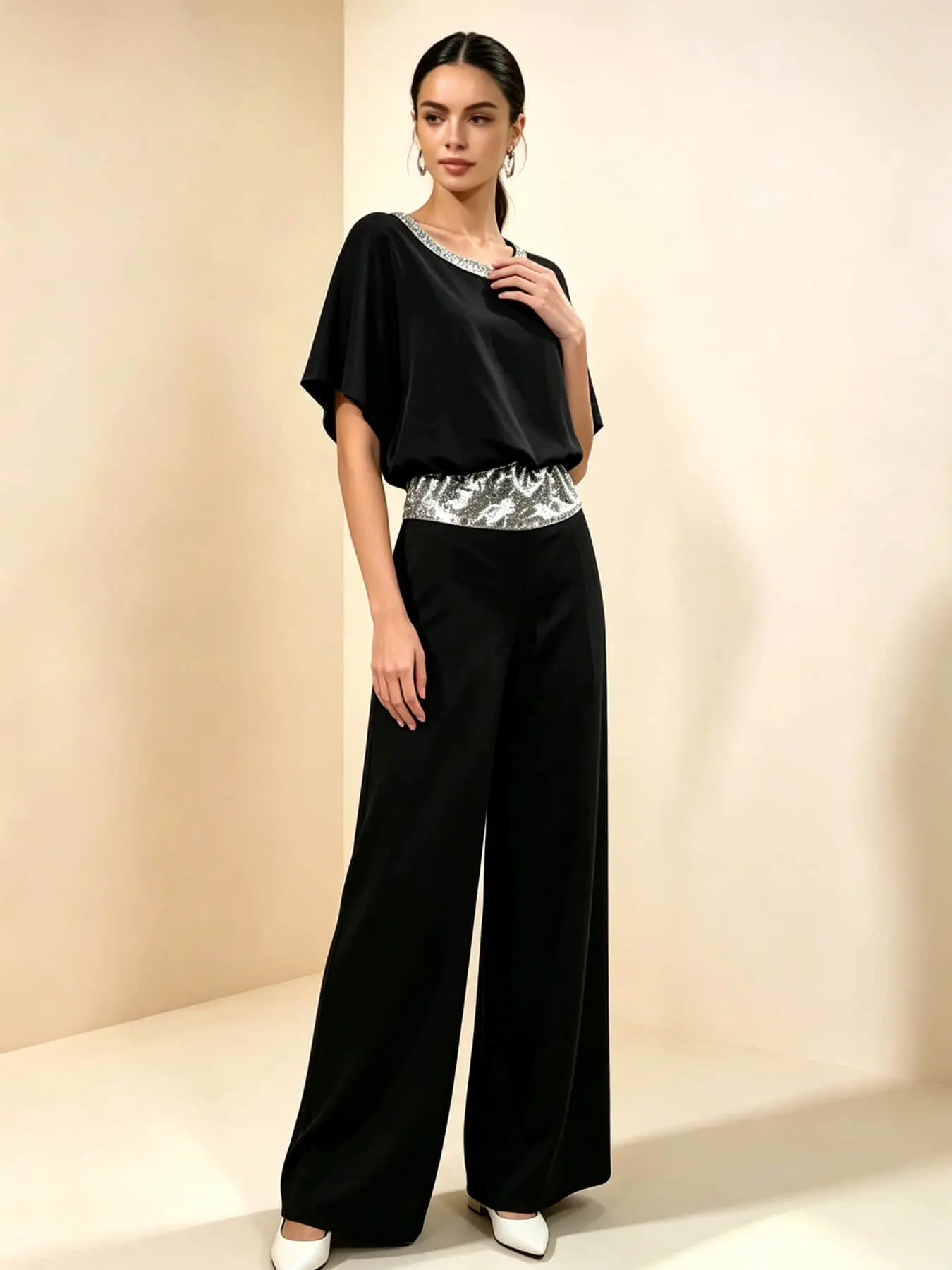Two-Piece Women's Sequin Belted Set, Sequin Outfit Set: Round Neck Silver Sequin Waistband Loose Hiding Body Long Wide Leg Pants Set, Suitable for Summer, Evening Parties, Office Commutes, Wedding Guests