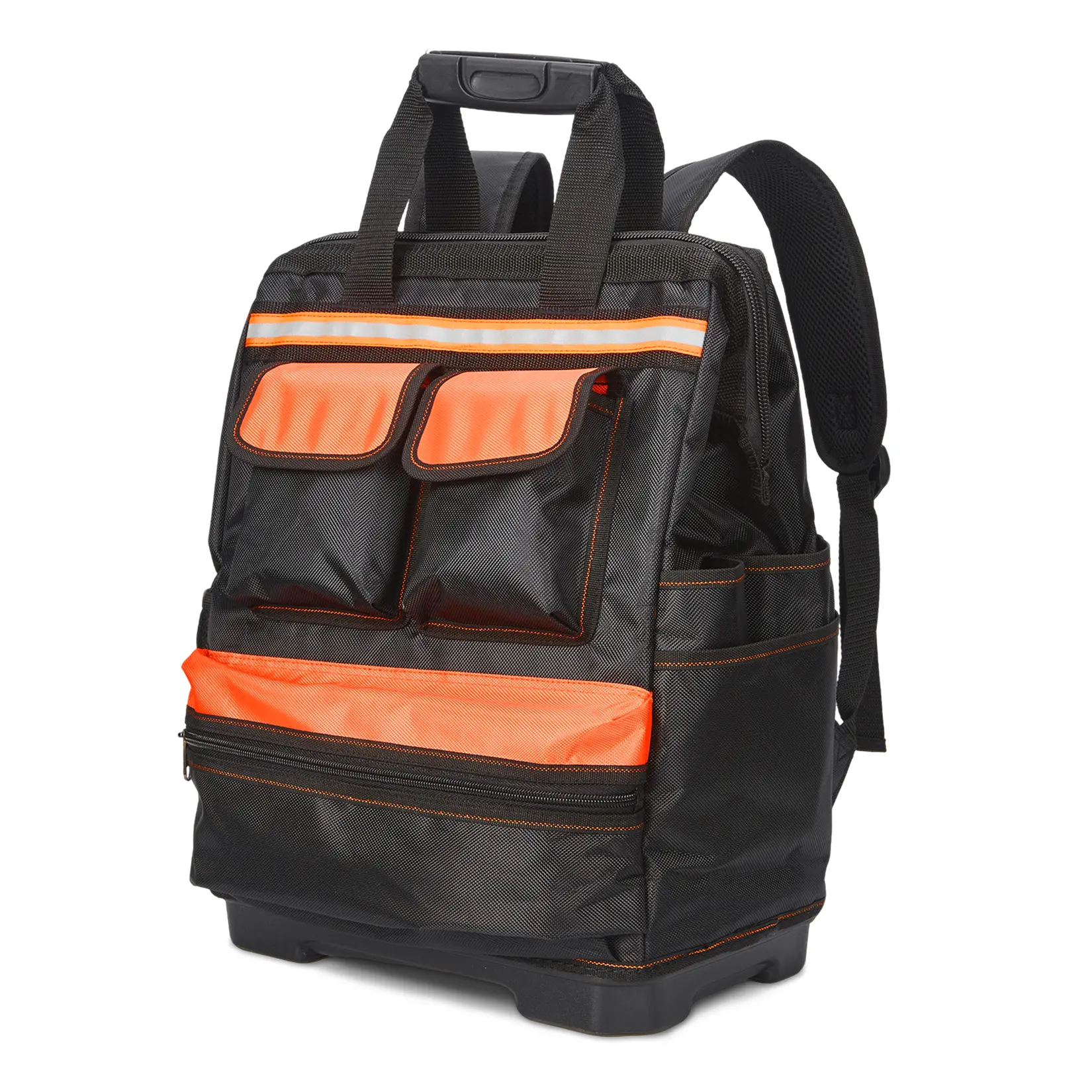 17-Inch Heavy Duty Oxford Fabric Tool Backpack with 17" Tool Capacity, Waterproof Coating, Padded Straps, Plastic Reinforced Base, 12 Interior Pockets, Stable on Mud/Wet Ground, 13.8″L×8.7″W×18.9″H - Grey/Black Professional Contractor Bag