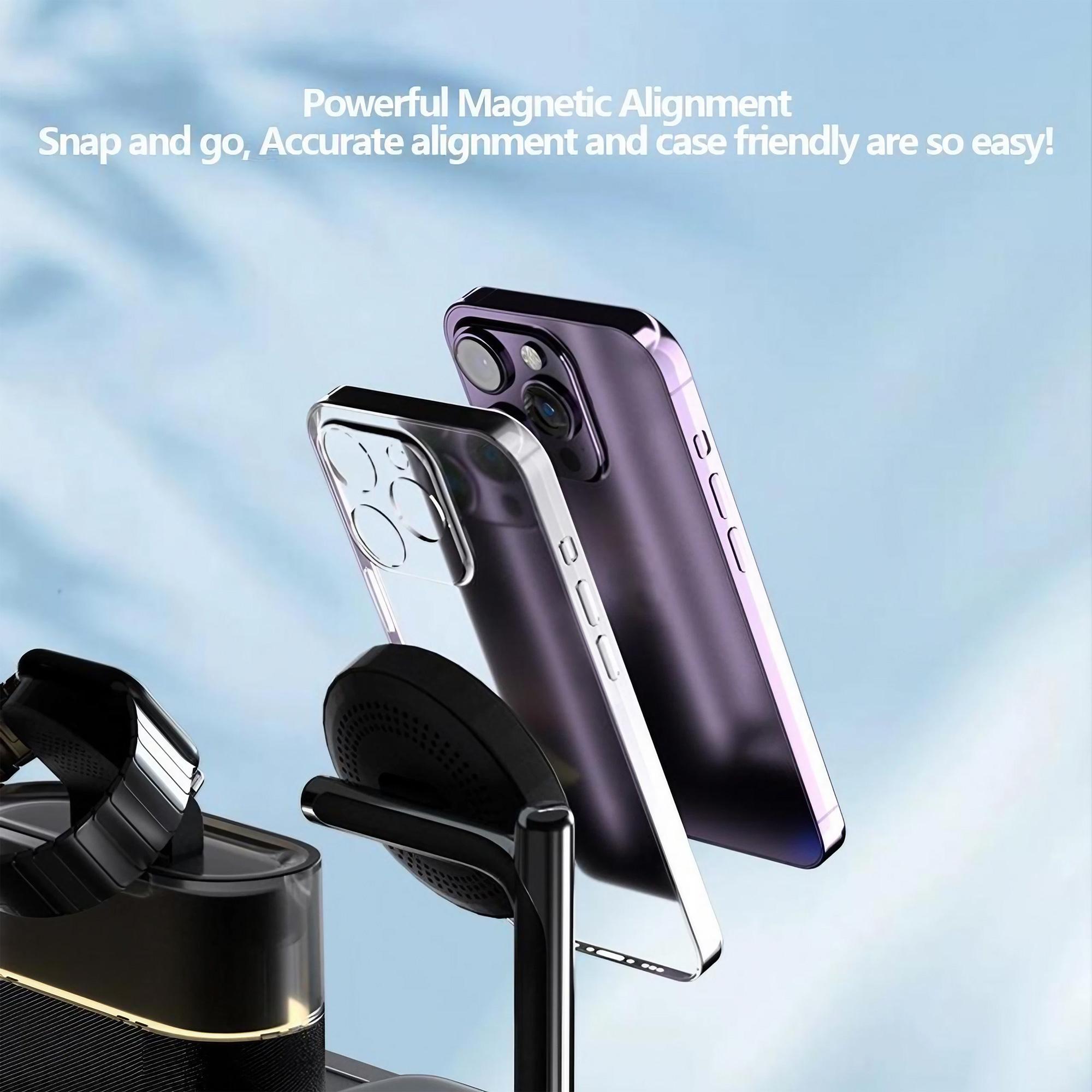 5-in-1 Wireless Charger with Clock, Magnetic Wireless Charger Stand for iPhone, Apple Watch, Airpods, Smart Watch Accessories, Magsafe Charger Set, Black Charging Station, for Smartphone, Magnetic Charging Design, Charging Dock