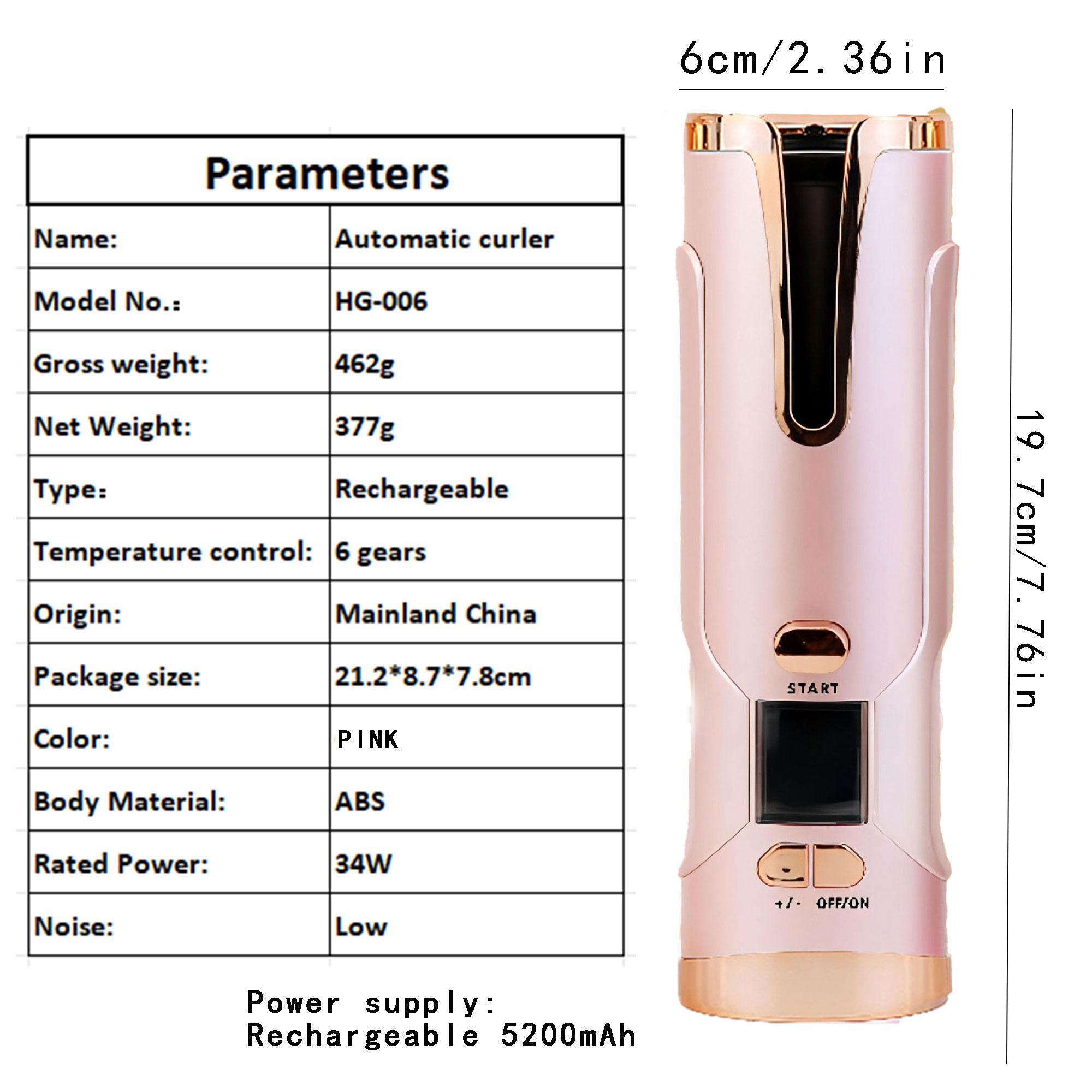 Cordless Hair Curler, Portable Automatic Wireless Hair Curler, Curling Iron with 6 Temperatures and 6 Timer Setting, Professional Hair Styling Tool for Home & Salon Use, Automatic Hair Curler