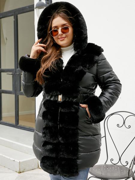Women's Plus Size Casual Warm Hooded Jacket, Fall Winter Thick PU Fabric Coat with Belt, Elegant Long Sleeve Outerwear