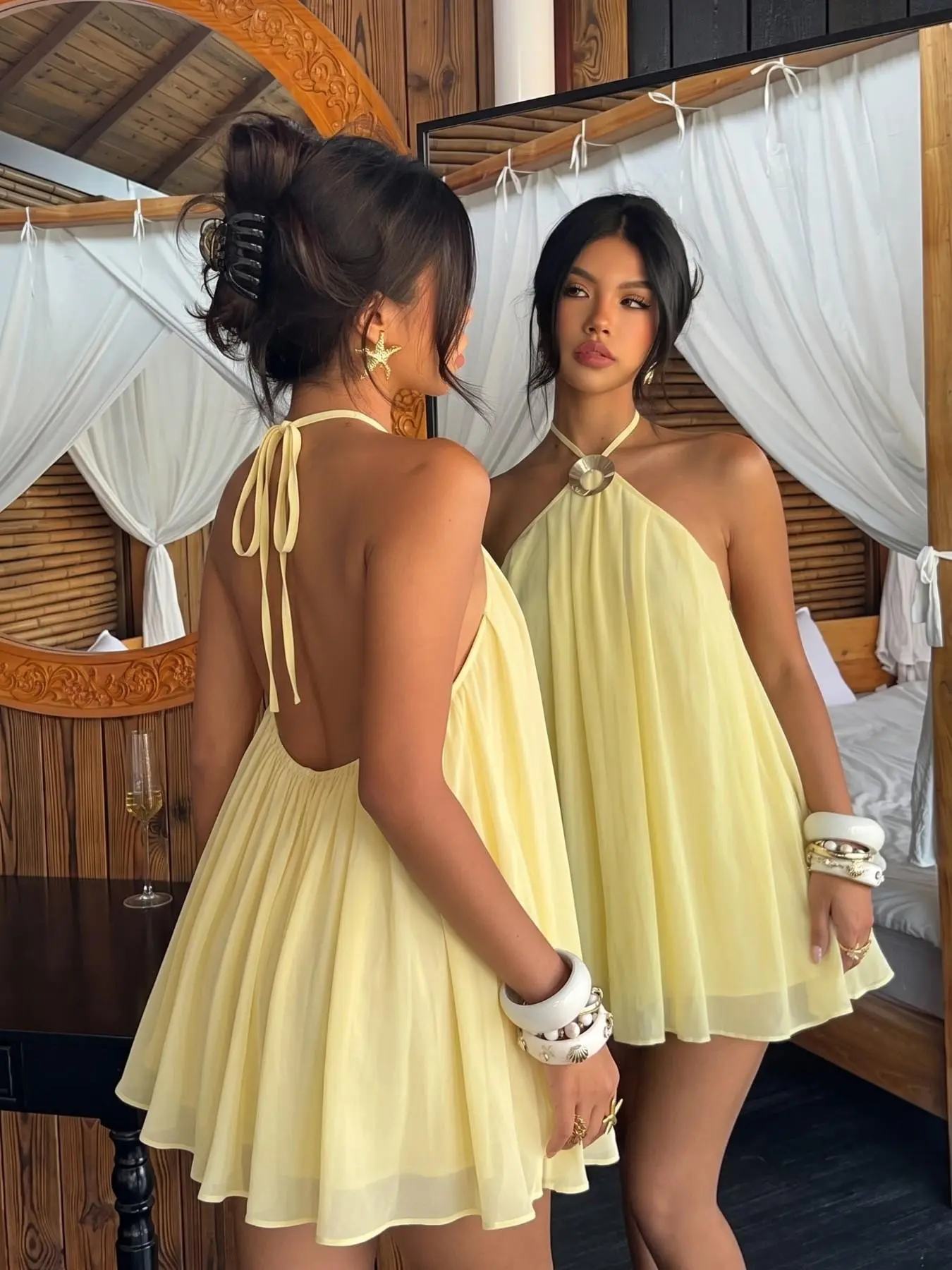 Cream Yellow Halter Backless Sleeveless Lightweight Chiffon Mini Dress - 2026 Thai Bungalow & Beach Vacation Outfit Women's Cream Halter Backless Chiffon A-Line Short Dress, High Waist Ruched Loose Fit, Chic Elegant Ditsy Floral Pattern
