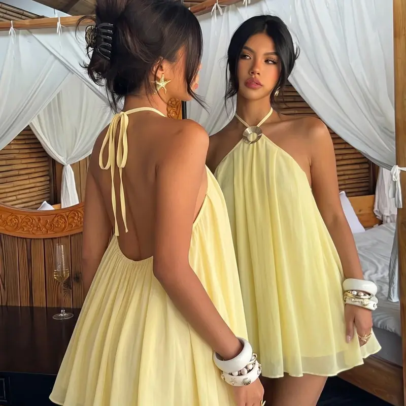 Cream Yellow Halter Backless Sleeveless Lightweight Chiffon Mini Dress, 2026 Thai Bungalow & Beach Vacation Outfit, Beachy Style Dress, Chic Elegant Style, Women's High Waist Ruched Loose Fit A-Line Dress