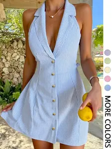 Women's Summer Striped Halter Short Dress, Deep V Neck, Single Button, A-Line Skirt, Vacation Party Style, Elegant, Chic, 1 Piece