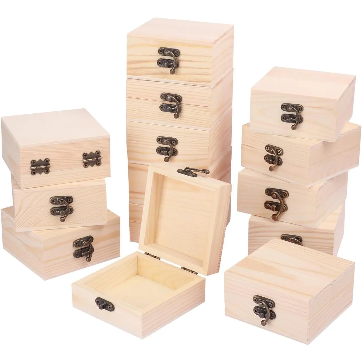 14 Pack Wooden Box with Hinge , Unfinished Unpainted  Boxes for Crafts, DIY Projects, and  Storage (3.54x3.54x1.77 inch)