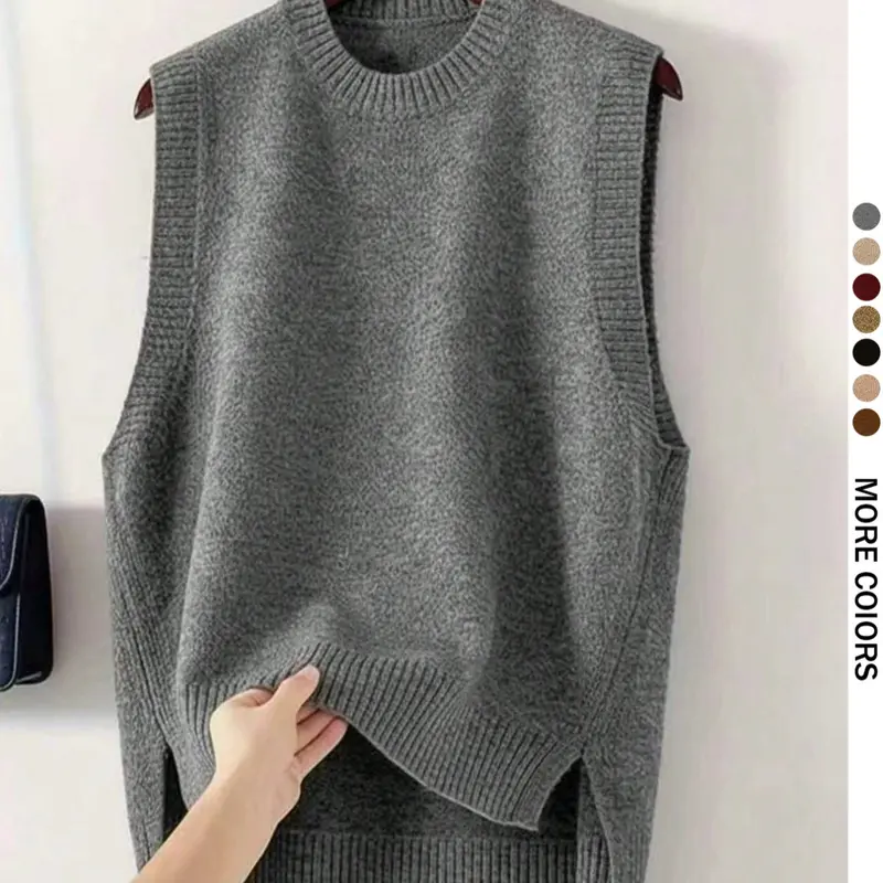Women's Elegant Sleeveless Sweater, Crewneck High-Low Hem Sleeveless Knitted Vests, Casual Loose Knit Pullover Top, Autumn & Winter Basic Vintage Everyday Knitwear, Womenswear, Plain Sweater Vest