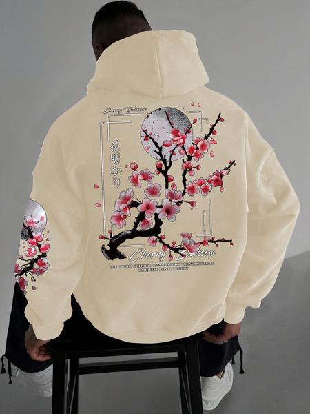 Men's Floral Print Drop Shoulder Thermal Lined Hoodie, Graphic Print Hoodie, Fashion Casual Regular Fit Drawstring Pocket Hooded Sweatshirt, Casual Streetwear Sweatshirt for Daily Holiday Outdoor Wear, Men Clothes for Fall & Winter