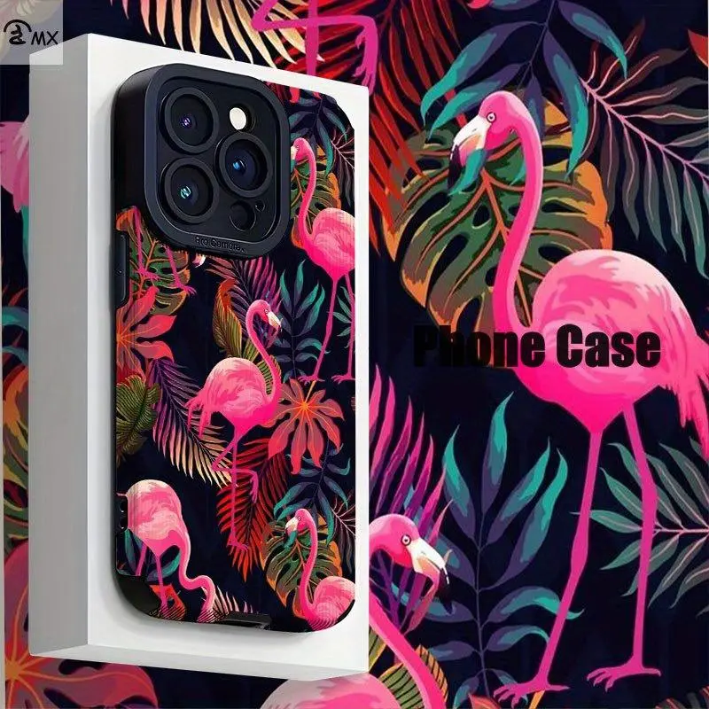 Phone Case: Pink Flamingo Tropical Plant Wallpaper Pattern Design. Suitable for iPhone 17, 17 Air, 17 Pro, 17 Pro Max, 16, 16 Plus, 16 Pro, 16 Pro Max, 15, 15 Plus, 15 Pro, 15 Pro Max, 14, 14 Plus, 14 Pro, 14 Pro Max, 13, 13 Pro, 13 Pro Max, 12