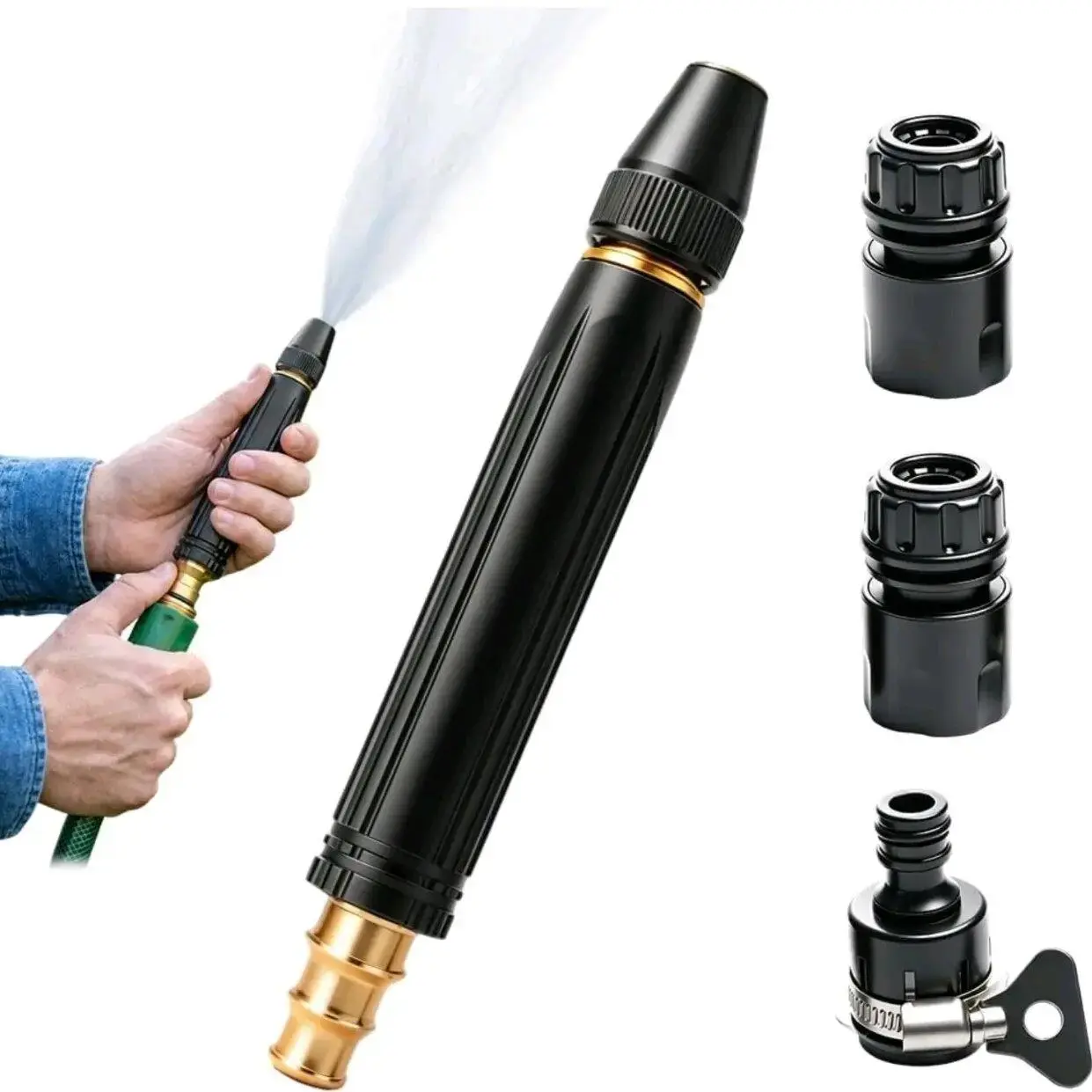 Heavy Duty Adjustable Twist Hose Nozzle Car Wash Gun, Metal Garden Hose Sprayer with Booster Jet Sweeper Nozzle & 3 Quick Connect Fittings for Car Washing, Garden Watering, Patio Cleaning (Hose Not Included)