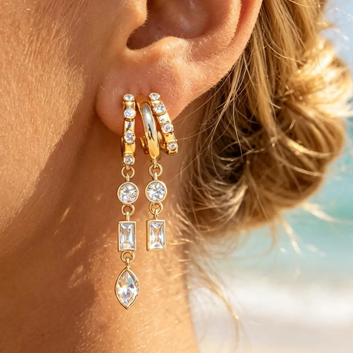 Gold-Tone Illusion Huggie Earring for Women, Multi-Layer Hoop with Asymmetric Geometric Crystal Drop Chains, Stacked Look for a Single Piercing, Earrings For Women