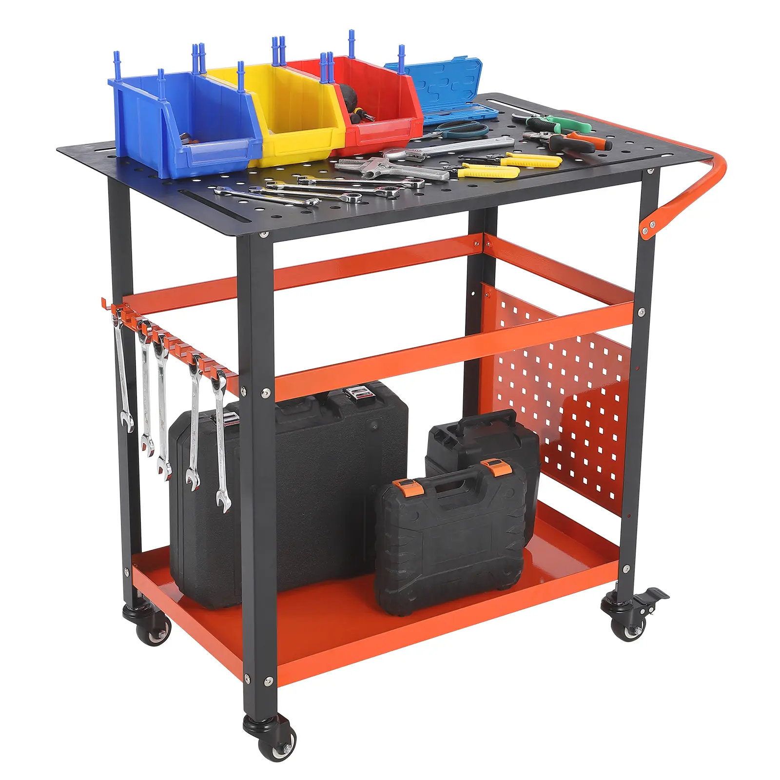 Heavy-Duty 1200 lb Rolling Workbench | 36" 3-Tier Steel Table with Rubber Wood Top, Pegboard & Tool Slots