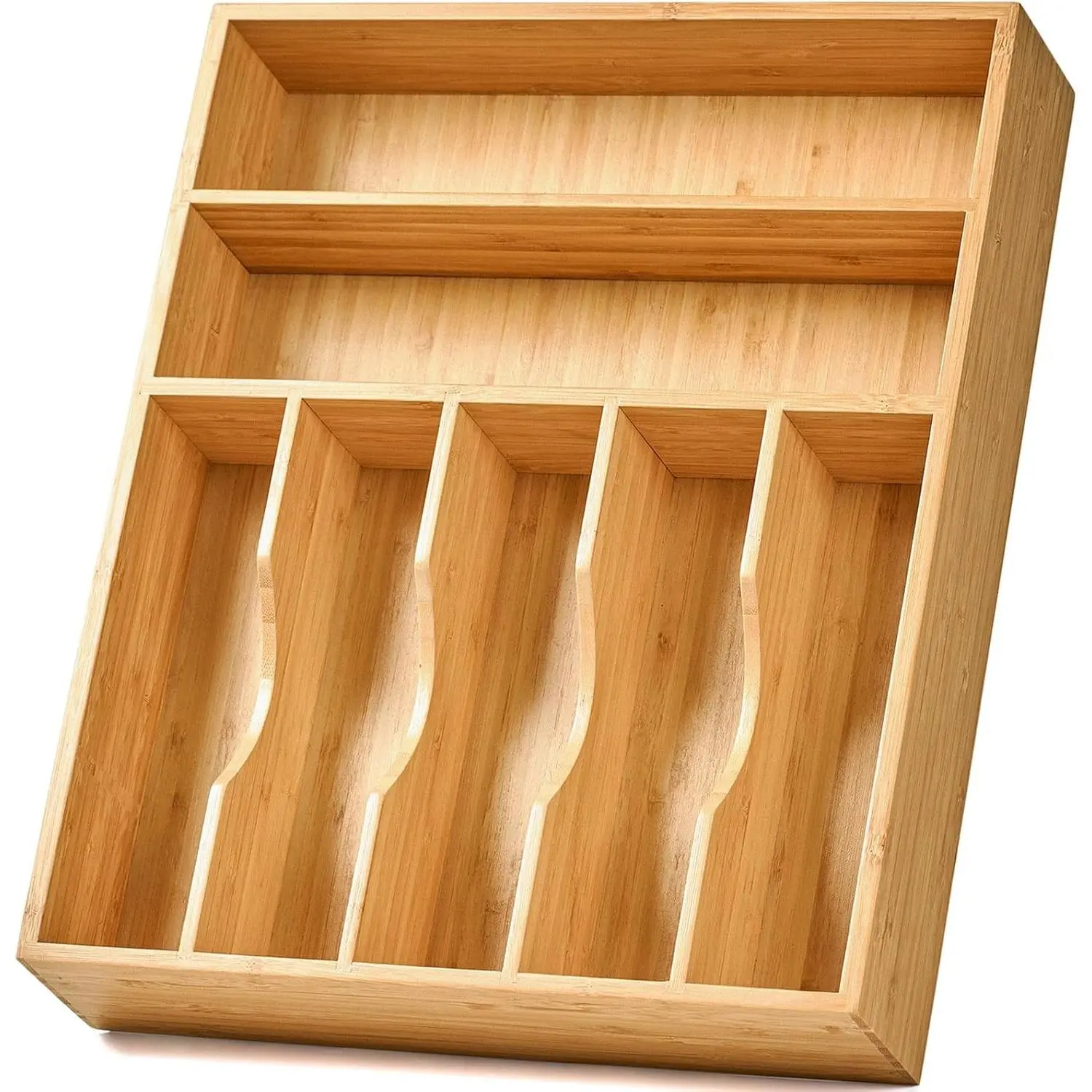Bamboo Kitchen Drawer Organizer - 13 in Silverware Tray with Extra Deep Slots, 7-Slot Bamboo Wood Caddy, Silicone-Enhanced Drawer Divider for Flatware, Cutlery, Knives, Forks, Spoons (Ideal Gift), Grooved