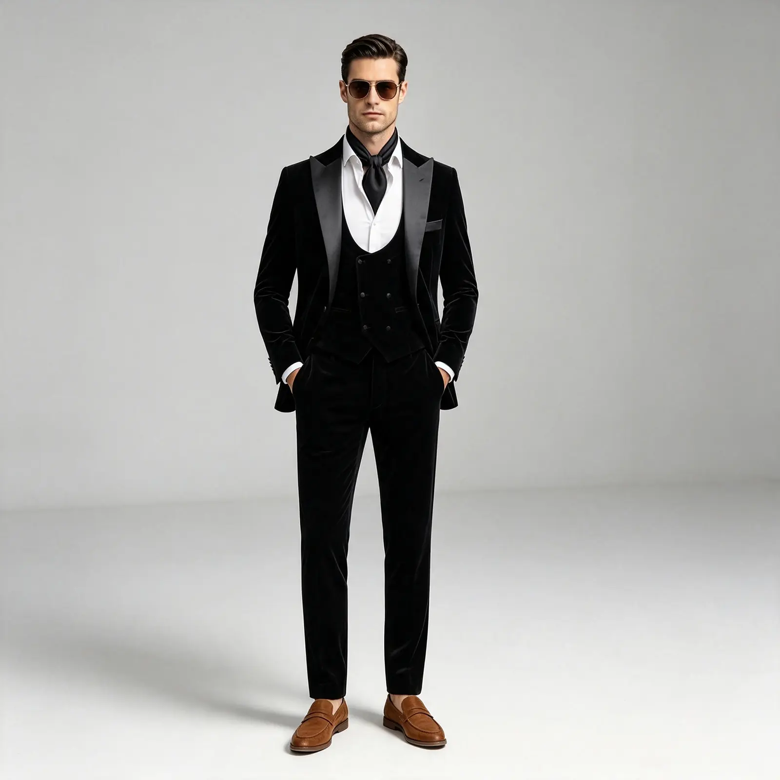 Men's 3-Piece Black Velvet Tuxedo, Slim Fit Formal Wear with Satin Shawl Lapel, Fashion Suit Set for Weddings & Proms with Free Bow Tie, Plush