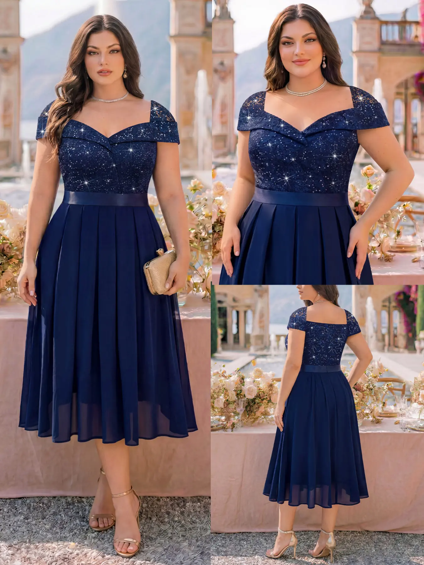 MISSMAY P86254 Plus Sweetheart Neck Sequin Floral Lace Contrast Chiffon Pleated Hem Evening Party Formal Dress, Elegant Prom Wedding Guest Dress, For Graduation