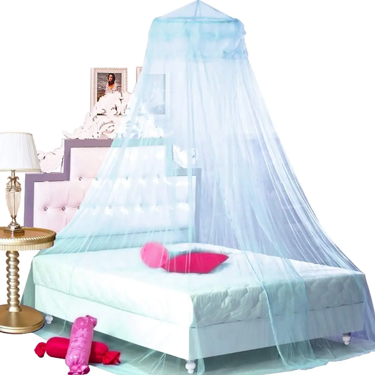 Breathable Mesh Hanging Insect Prevention Dome Mosquito Net with Lace, Swag Hook for Twin, Full, Queen Size Beds & Child Crib (Light Blue)