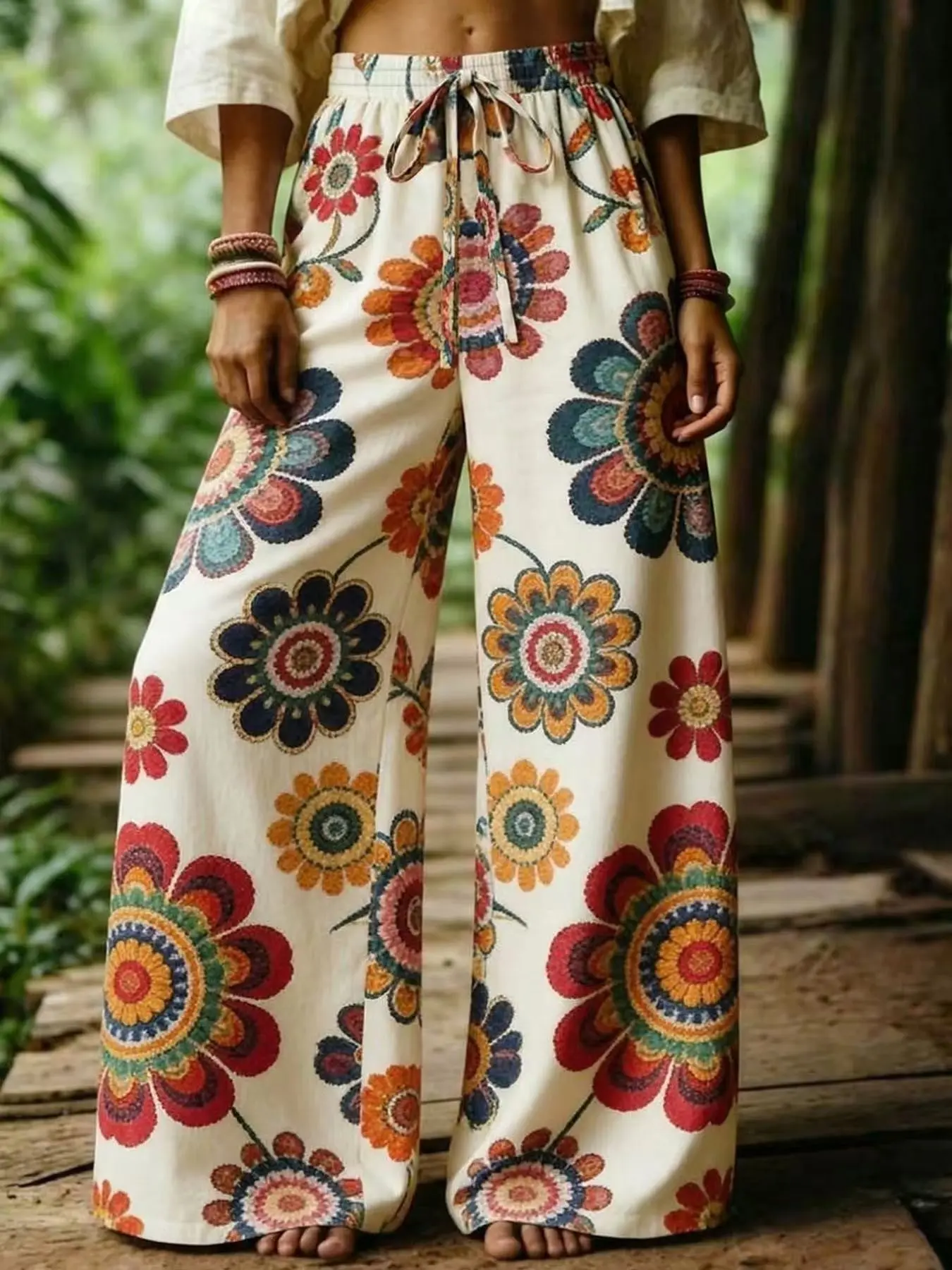 Boho Vintage Floral Print Wide Leg Pants for Women, Elastic Drawstring Adjustable Waist, Loose Fit Casual Long Pants, Vacation Style