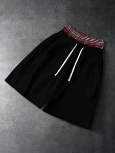 Men's Double Waist Plaid Patchwork Sweat Shorts, Vintage Wide Leg Drawstring Casual Shorts, Loose Fit Streetwear Jogger Shorts for 90s Aesthetic, Skate Style & Daily Wear
