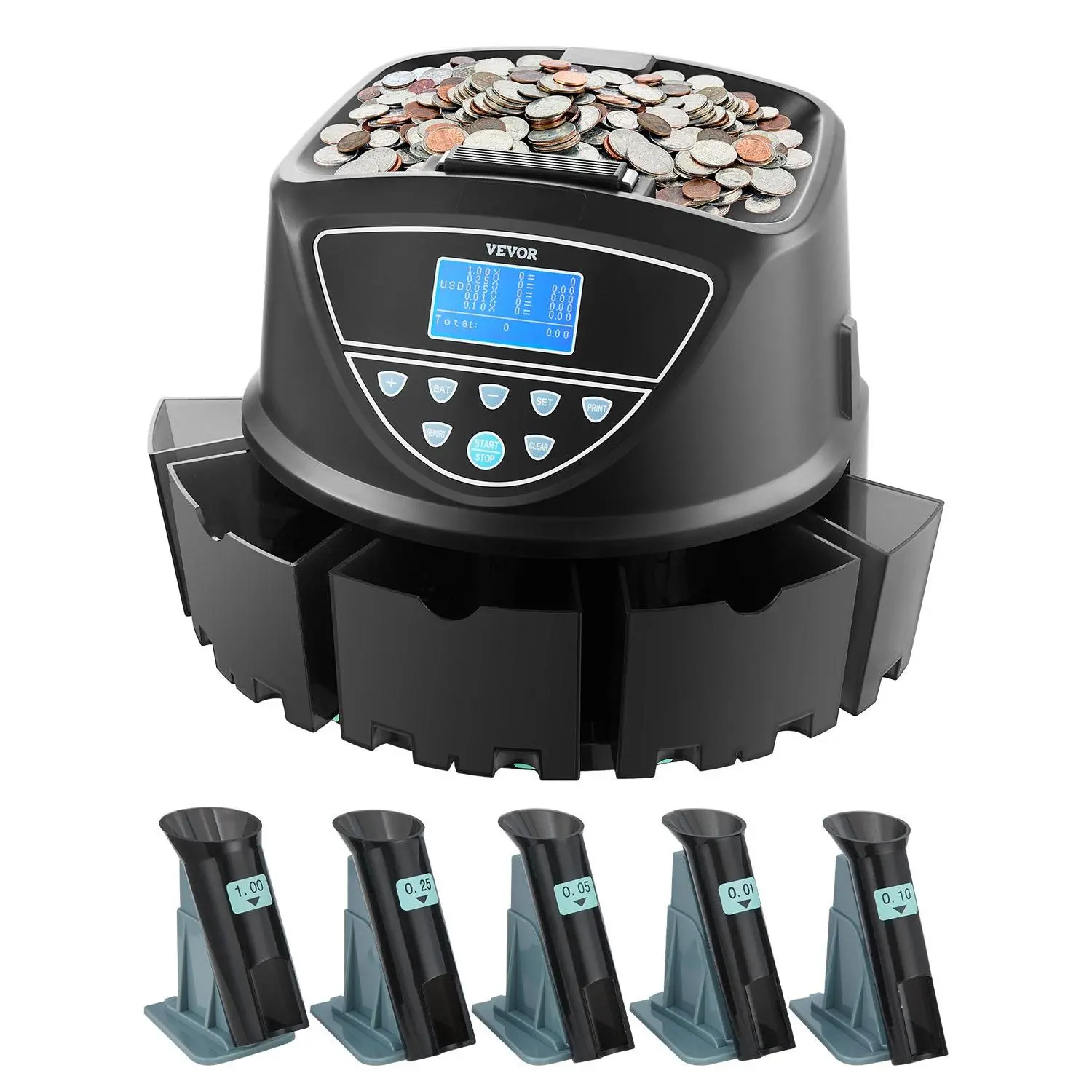 【DealsForYouDays】VEVOR USD Coin Sorter, Coin Counter Machine for 5 Kinds of USD Coins, Coin Sorter and Wrapper Machine Holds up to 2000 Coins, Screen Display Coin Storage Included 5 Coin Tubes and Boxes
