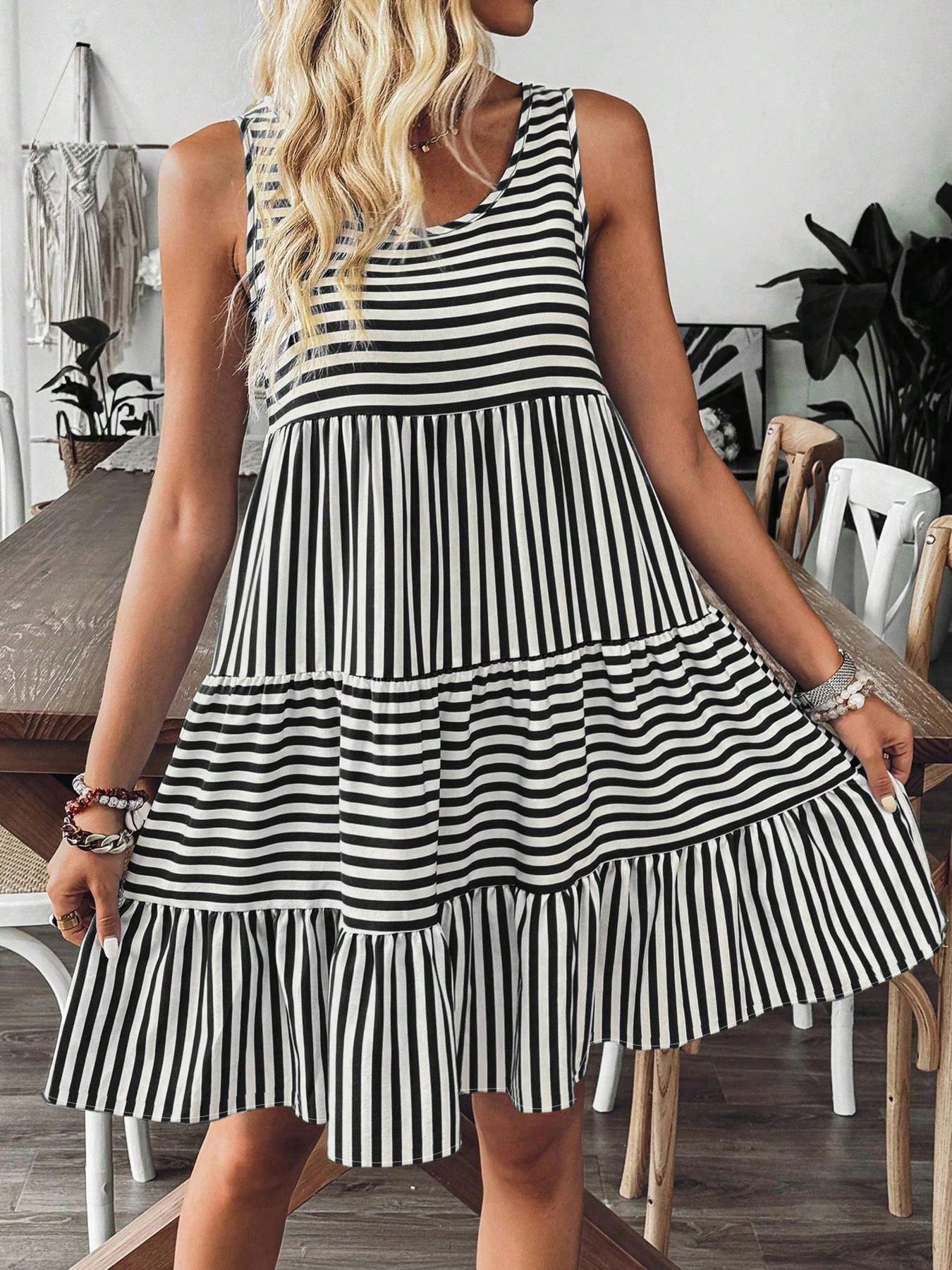 Women's Striped Print Ruffle Hem Tank Dress Sleeveless Short Dress for Summer, Ladies Boho Chic Dress Clothes for Daily Wear