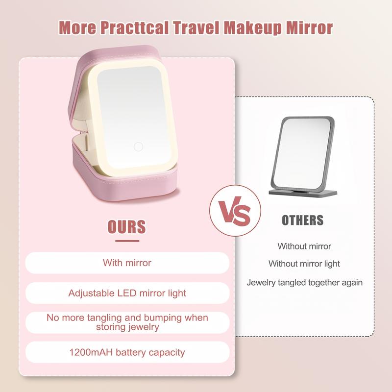 Makeup Bag with Mirror and Light Travel Makeup Train Case Cosmetic Bag, LED Makeup Mirror Case with 3 Adjustable Color Light Settings, Dust-Proof Jewelry Box, Mini Cosmetic Train Case
