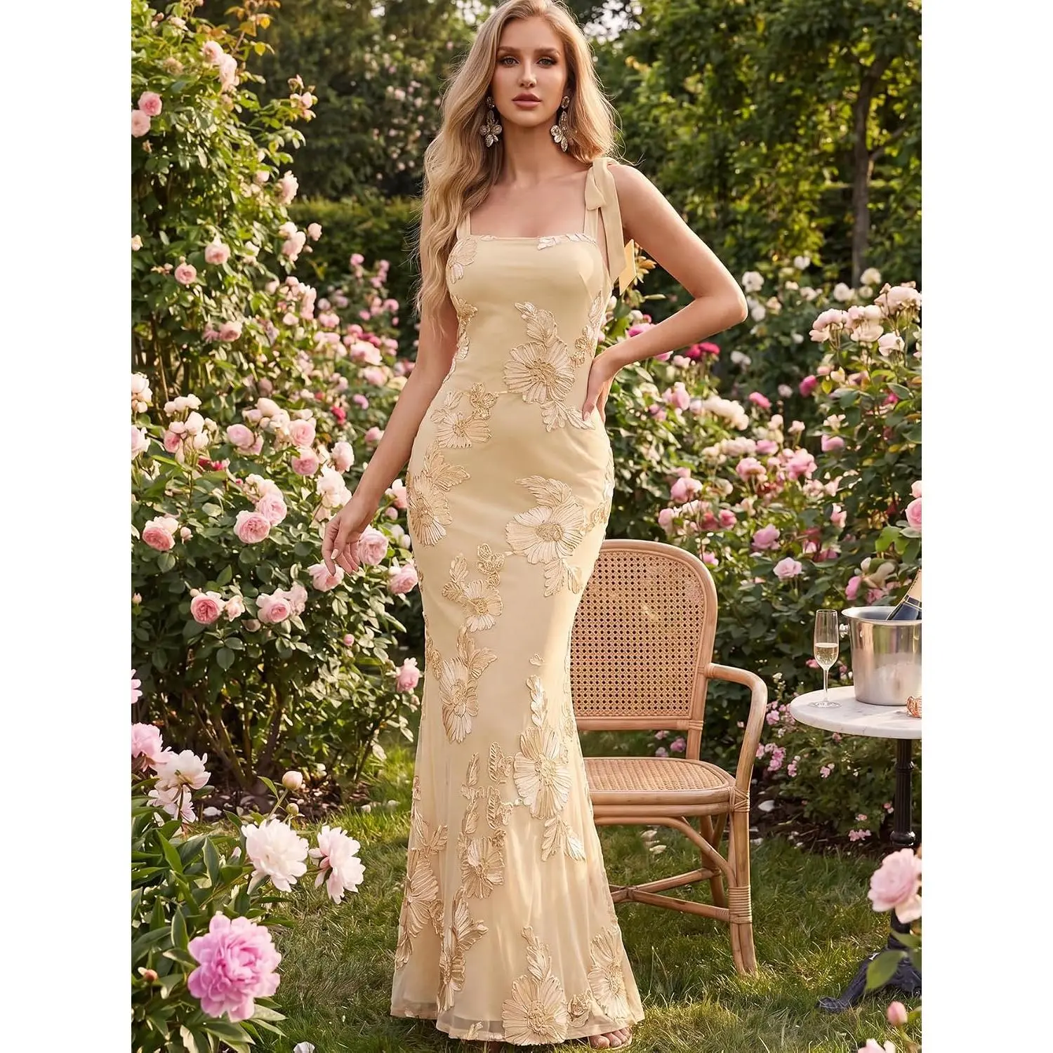 Women’s 2026 Summer Light Yellow Spaghetti Strap Floral Mesh Mermaid Maxi Dress, Bodycon Formal Evening Gown For Wedding Guest Cocktail Party