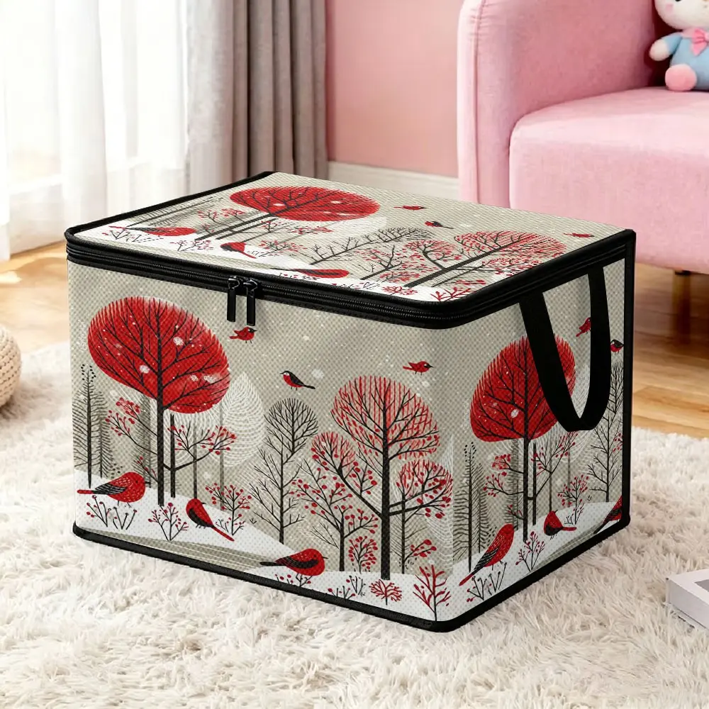 Non-woven Storage Box with Vintage Christmas Red Forest and Cardinal Bird Pattern, Reinforced Handles, Double Zippers, Foldable Fabric Organizer Box, Dustproof Container for Holiday Pillows, Blankets, Dolls, Household Snacks
