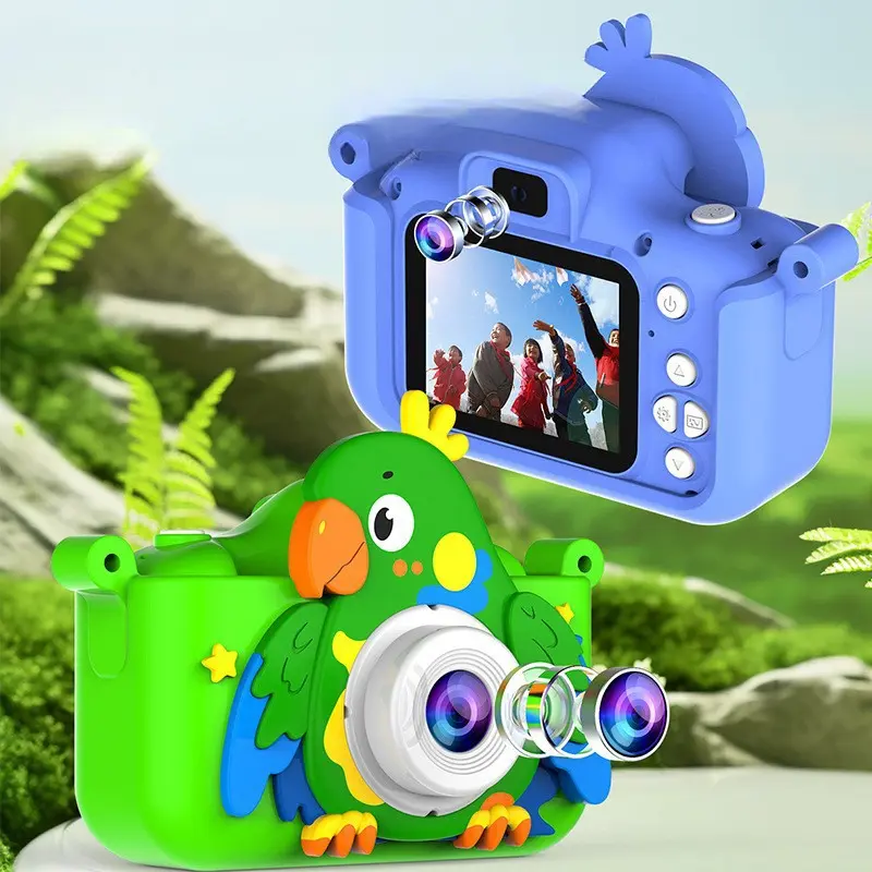 Kids Cartoon Digital Camera - Parrot Green HD Dual Camera, 2.0" IPS Screen, HD Quality Photo & Video Recording, Rechargeable, ABS Body, Memory Cards Compatible, Cute Dinosaur Unicorn Styles, Birthday Toy Gift for Kids
